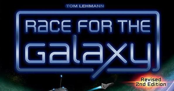 Box art for Race for the Galaxy, showing the glowing blue chrome logo against a starry space backdrop with a small fleet of ships