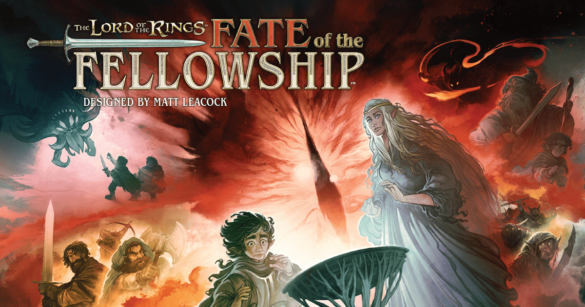 Box art for The Lord of the Rings: Fate of the Fellowship, showing the Fellowship silhouetted against a map of Middle-earth with a spreading shadow