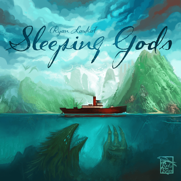 Box art for Sleeping Gods by Red Raven Games, showing an airship crew exploring a lush jungle island with ancient ruins