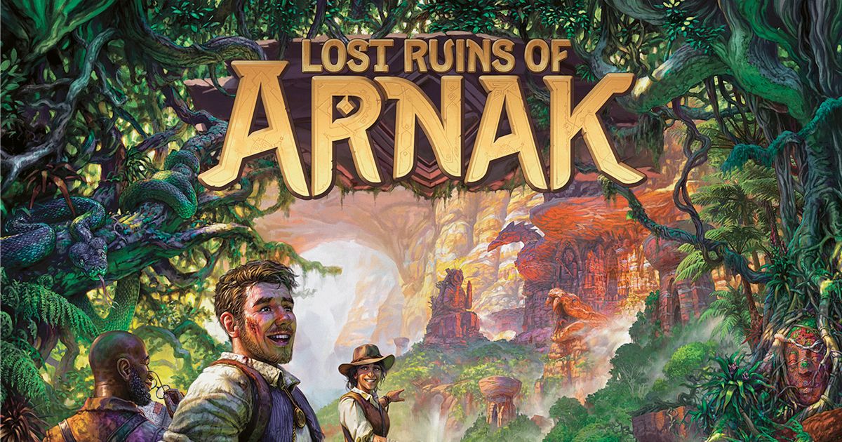 Box art for Lost Ruins of Arnak, showing explorers approaching an overgrown jungle temple guarded by a monstrous stone creature