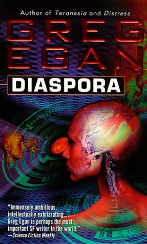 Cover of the Millennium/Orion paperback edition of Greg Egan's Diaspora, showing a red-toned digital portrait of a bald humanoid head wired into a glowing circuit pattern